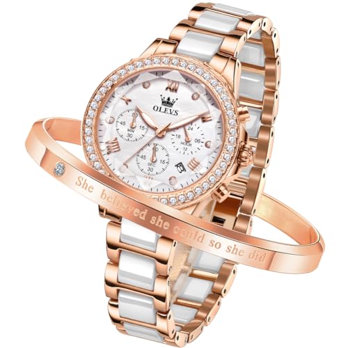 OLEVS 腕時計 レディース セラミック かわいい クオーツ 人気腕時計 女性 エレガント おしゃれ 日付 防水 夜光 Watch for women ホワイト